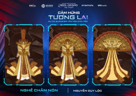 Ấn tượng cực mạnh với các thiết kế trang phục dân tộc của Miss Cosmo Vietnam - Ảnh 4. Nhà thiết kế Nguyễn Duy Lộc mang đến làn gió mới với Nghề Chằm Nón. Chiếc nón lá không chỉ là vật dụng thân thiết, người bạn thủy chung với người lao động dùng để che mưa, che nắng khi ra đồng, đi chợ, là chiếc quạt xua đi những giọt mồ hôi dưới nắng hè gay gắt, mà còn là vật làm duyên, tôn lên vẻ đẹp của người phụ nữ Việt.