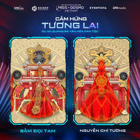 Ấn tượng cực mạnh với các thiết kế trang phục dân tộc của Miss Cosmo Vietnam - Ảnh 5. Sấm Đọi Tam - một thiết kế của Nguyễn Chí Tường cũng lấy ý tưởng từ làng nghề truyền thống Việt Nam. Làng nghề trống Đọi Tam xuất hiện ở tỉnh Hà Nam với hơn 1.000 năm tuổi, được giữ gìn và trường tồn qua nhiều thế hệ. Tên gọi "Sấm" của trống Đọi Tam vì tiếng của nó vang to như sấm, âm thanh vang rền, hùng tráng. Trong suốt chiều dài lịch sử, nghề làm trống và sản phẩm trống Đọi Tam luôn giữ một vai trò quan trọng trong đời sống xã hội.
