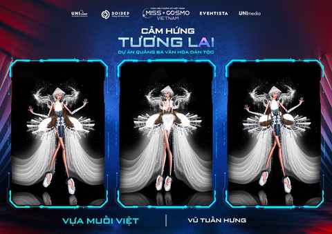 Ấn tượng cực mạnh với các thiết kế trang phục dân tộc của Miss Cosmo Vietnam - Ảnh 6. Bộ trang phục Vựa Muối Việt của nhà thiết kế trẻ Vũ Tuấn Hưng lấy cảm hứng từ hình ảnh đặc trưng của những ruộng muối lâu đời tại Việt Nam. Bộ trang phục Vựa Muối Việt thể hiện sự kết hợp hài hòa giữa màu xanh của biển trời và màu trắng của muối. Vựa Muối Việt không chỉ muốn tôn vinh vẻ đẹp của ruộng muối và nghề làm muối, mà còn muốn lan tỏa thông điệp về sự yêu nghề và yêu quê hương của người Việt Nam.