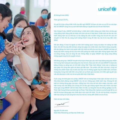 Chi Pu vinh dự trở thành Sứ giả hành động cùng UNICEF Việt Nam - Ảnh 1. Bức thư của tổ chức UNICEF Việt Nam gửi đến Chi Pu