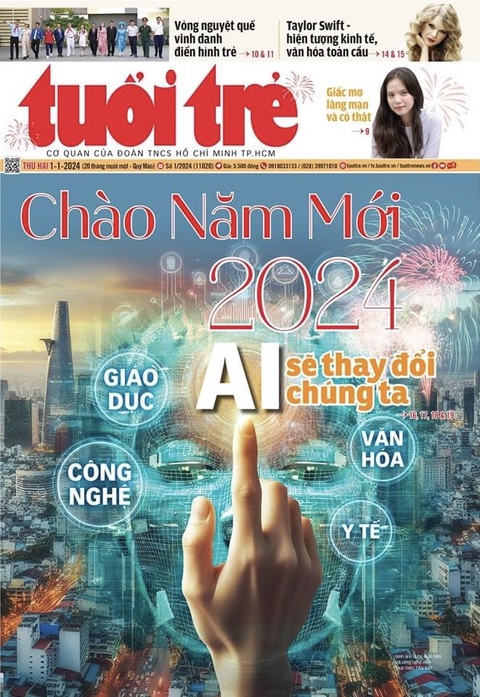 Năm 2024: AI sẽ bùng nổ, thay đổi chúng ta- Ảnh 3. Trang 1 Tuổi Trẻ nhật báo mừng năm mới 2024 với chuyên đề về sự bùng nổ của AI trong năm mới này, ảnh hưởng và thay đổi đời sống của mọi người. Hình ảnh trang báo được thực hiện với công nghệ AI.