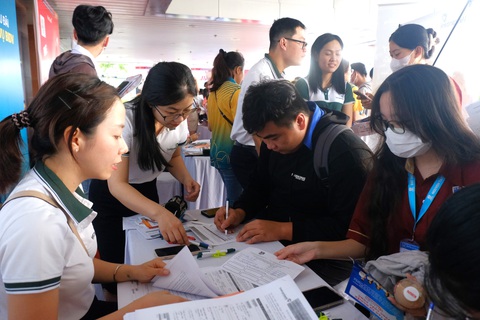 Người lao động 'có việc làm vẫn nghèo'- Ảnh 1. Sinh viên tại TP.HCM tìm kiếm việc làm tại một ngày hội tuyển dụng - Ảnh: VŨ THỦY