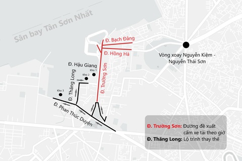 Vì sao đề xuất cấm xe tải theo giờ khu cửa ngõ Tân Sơn Nhất?- Ảnh 5. Khu vực dự kiến cấm xe tải theo giờ và lộ trình thay thế - Đồ họa: PHƯƠNG NHI