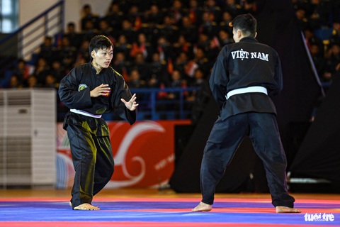 Võ cổ truyền Việt Nam và pencak silat của Indonesia trên cùng một sàn võ- Ảnh 4. Vận động viên võ cổ truyền Việt Nam biểu diễn trước sự chứng kiến của hai nguyên thủ Việt Nam và Indonesia - Ảnh: HỒNG QUANG