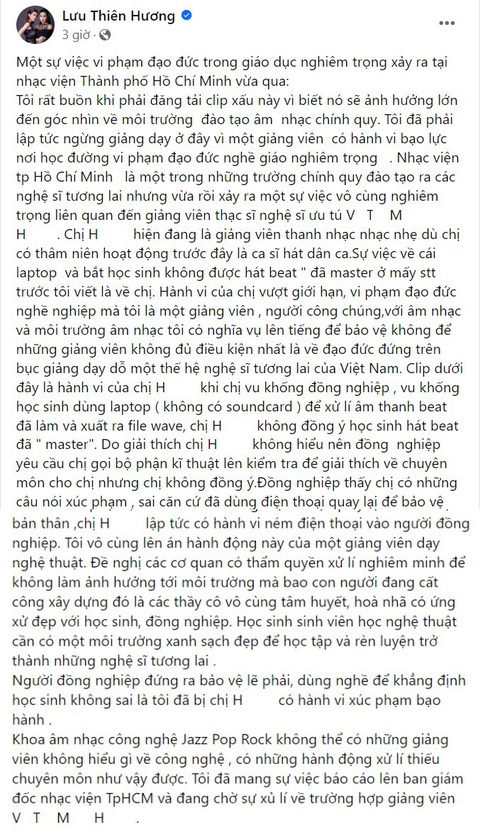 Nhạc sĩ Lưu Thiên Hương đăng đàn tố cáo - Ảnh chụp màn hình Nguyên văn lời tố cao của nhạc sĩ Lưu Thiên Hương - Ảnh chụp màn hình