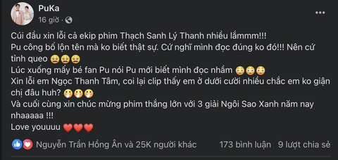 Puka đã nhanh chóng xin lỗi đàn em vì sự cố trao giải Puka đã nhanh chóng xin lỗi đàn em vì sự cố trao giải