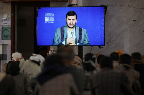 Thủ lĩnh Houthi Abdel-Malik al-Houthi phát biểu trên truyền hình ngày 11-1-2024 - Ảnh: REUTERS Thủ lĩnh Houthi Abdel-Malik al-Houthi phát biểu trên truyền hình ngày 11-1 - Ảnh: REUTERS