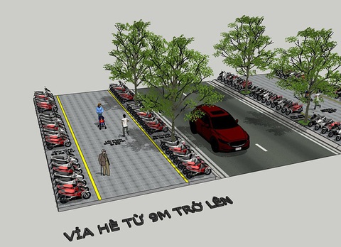 Đà Nẵng kẻ lại vạch cho người đi bộ trên vỉa hè như thế nào?- Ảnh 2. Mô hình bố trí không gian cho người đi bộ, nơi để xe cho vỉa hè từ 9m trở lên - Ảnh: UBND TP Đà Nẵng cung cấp