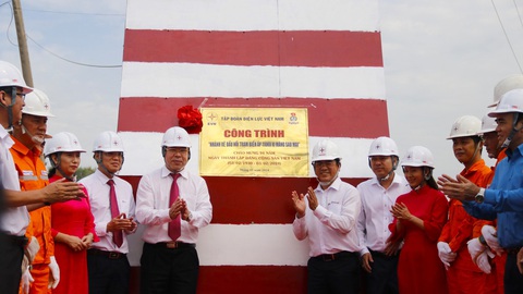 Điện lực TP.HCM gắn biển công trình Trạm biến áp 110kV Sao Mai- Ảnh 1. Ông Đỗ Đức Hùng - chủ tịch Công đoàn Tập đoàn Điện lực Việt Nam (bên trái) và ông Bùi Hải Thành - phó tổng giám đốc Tổng công ty Điện lực TP.HCM (bên phải) cùng các cán bộ, nhân viên gắn biển công trình thi đua “Nhánh rẽ đấu nối Trạm biến áp 110kV Xi măng Sao Mai” - Ảnh: TIẾN QUỐC