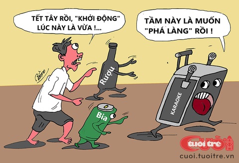 Karaoke chạy trốn mùa tất niên- Ảnh 1. Karaoke chạy trốn mùa tất niên - Tranh: Bùi Thanh Tâm