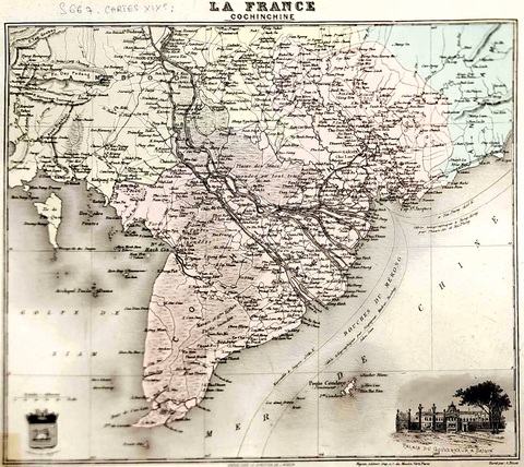 Bản đồ Nam Kỳ (Cochinchine) thập niên 1870. Bên dưới góc trái có hình logo thành phố Sài Gòn, góc phải có hình vẽ dinh thự Soái phủ Nam Kỳ. Bản đồ lưu tại Viện Nghiên cứu Đông Nam Á Singapore, ảnh chụp tháng 11-2023 Bản đồ Nam Kỳ (Cochinchine) thập niên 1870. Bên dưới góc trái có hình logo thành phố Sài Gòn, góc phải có hình vẽ dinh thự Soái phủ Nam Kỳ. Bản đồ lưu tại Viện Nghiên cứu Đông Nam Á Singapore, ảnh chụp tháng 11-2023