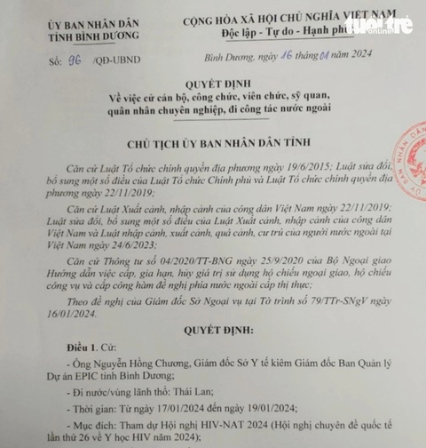 Quyết định của UBND tỉnh Bình Dương về việc cử công chức đi công tác nước ngoài có nói rõ thời gian và mục đích chuyến đi của Giám đốc Sở Y tế Nguyễn Hồng Chương - Ảnh: B.SƠN chụp lại. Quyết định của UBND tỉnh Bình Dương về việc cử công chức đi công tác nước ngoài có nói rõ thời gian và mục đích chuyến đi của Giám đốc Sở Y tế Nguyễn Hồng Chương - Ảnh: BÁ SƠN chụp lại.
