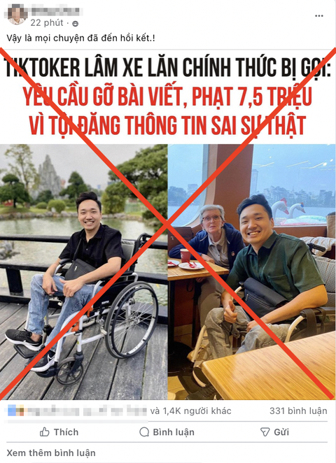 Bác tin phạt 7,5 triệu đồng TikToker đăng 'bị đuổi khỏi quán vì ngồi xe lăn'- Ảnh 1. Nhiều bài đăng sai xuất hiện trên mạng xã hội liên quan sự việc "bị đuổi khỏi quán ăn vì ngồi xe lăn" - Ảnh chụp màn hình