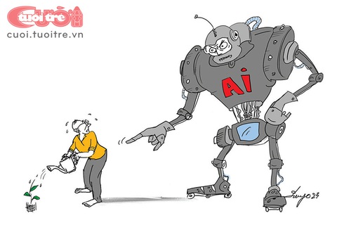 Bóng ma AI đe dọa cả người và... thần- Ảnh 1. AI và tương lai loài người - Tranh: Hùng Dingo