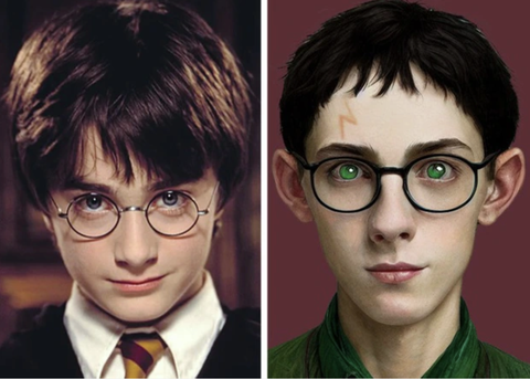 AI dựng lại loạt nhân vật trong truyện Harry Potter- Ảnh 1. Trong truyện, Harry Potter được miêu tả có khuôn mặt gầy, mái tóc đen và đôi mắt xanh sáng. Cậu bé đeo kính tròn và điều duy nhất Harry cảm thấy đặc biệt ở ngoại hình của mình là vết sẹo hình tia sét trên trán, có thể kết nối với Chúa tể Hắc ám Voldemort.