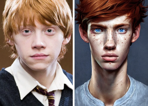 AI dựng lại loạt nhân vật trong truyện Harry Potter- Ảnh 2. Ron Weasley, người bạn thân nhất của Harry Potter cao và gầy, với đôi mắt xanh và mái tóc đỏ. Anh chàng có nước da đầy tàn nhang và chiếc mũi dài.
