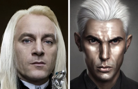 AI dựng lại loạt nhân vật trong truyện Harry Potter- Ảnh 7. Ông Lucius Malfoy, bố của Draco, được miêu tả có khuôn mặt nhọn, nhợt nhạt với đôi mắt xám lạnh lùng và mái tóc ngắn màu vàng nhạt.