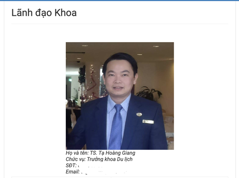 Dùng bằng tiến sĩ chưa được công nhận, trưởng khoa một trường đại học xin thôi chức- Ảnh 1. Thông tin giới thiệu lãnh đạo khoa du lịch Trường đại học Phan Thiết trên website nhà trường thể hiện ông Tạ Hoàng Giang với chức vụ trưởng khoa - Ảnh chụp màn hình