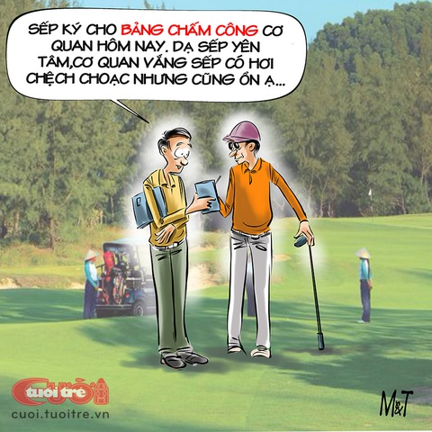 Giám đốc sở được cho về vườn đánh golf thoải mái- Ảnh 1. Cơ quan vắng sếp nhưng vẫn ổn - Tranh: Đỗ Minh Tuấn