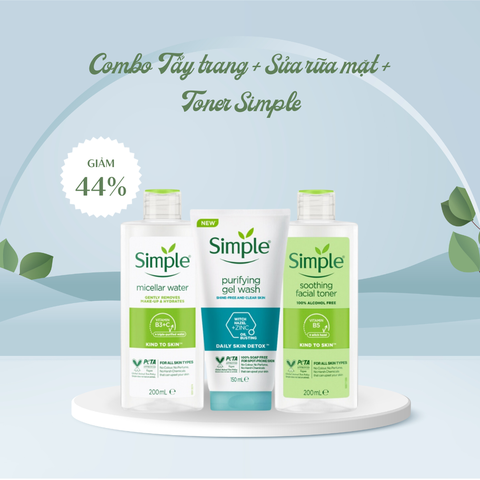 Bộ 3 nước tẩy trang, sữa rửa mặt và toner Simple sẽ giúp các nàng làm sạch lớp trang điểm, kiềm dầu và ngừa mụn Bộ 3 nước tẩy trang, sữa rửa mặt và toner Simple sẽ giúp các nàng làm sạch lớp trang điểm, kiềm dầu và ngừa mụn