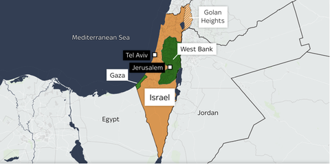 EU cáo buộc Israel tạo ra Hamas, thực hư thế nào?- Ảnh 2. Bản đồ Israel và Palestine. Phần màu xanh là vùng lãnh thổ Palestine bị chiếm đóng - Ảnh: Sky News