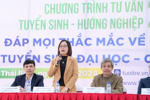 TS Phạm Thị Ánh Nguyệt, phó hiệu trưởng trường ĐH Thái Bình trả lời các thắc mắc cho học sinh - ẢnhNAM TRẦN TS Phạm Thị Ánh Nguyệt, phó hiệu trưởng Trường ĐH Thái Bình, trả lời các thắc mắc của học sinh - Ảnh: NAM TRẦN