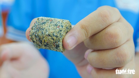 Hai cậu học trò biến rác thải nhựa thành viên nén nhiên liệu- Ảnh 2. Viên nén nhiên liệu được Phúc và Tín làm ra bằng cách kết hợp vỏ trấu, rác thải nhựa xay nhuyễn với bột đá vôi dolomit, cháy tốt, nhiệt lượng tỏa ra hơn than đá - Ảnh: CHÍ CÔNG