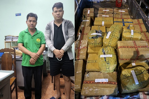 Đồng Nai bắt 5 người mua bán pháo nổ quy mô cực lớn- Ảnh 1. Nguyễn Văn Sang và Nguyễn Tiến Khải cùng tang vật pháo nổ bị công an thu giữ - Ảnh: Công an cung cấp