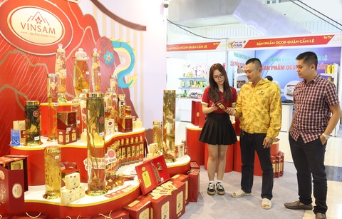 250 gian hàng ở Hội chợ xuân Đà Nẵng, có game show đoán giá sản phẩm, nhận quà liền tay- Ảnh 3. Sản phẩm từ sâm Ngọc Linh được trưng bày, bán ở hội chợ - Ảnh: LÊ TRUNG