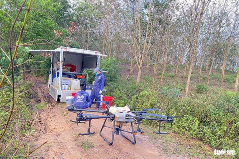 500ha cao su bị bệnh lạ rụng lá, nông dân đứng ngồi không yên- Ảnh 3. Việc phun thuốc trừ bệnh phải sử dụng máy bay không người lái, nhưng số lượng không đáp ứng đủ nhu cầu của người dân - Ảnh: HOÀNG TÁO