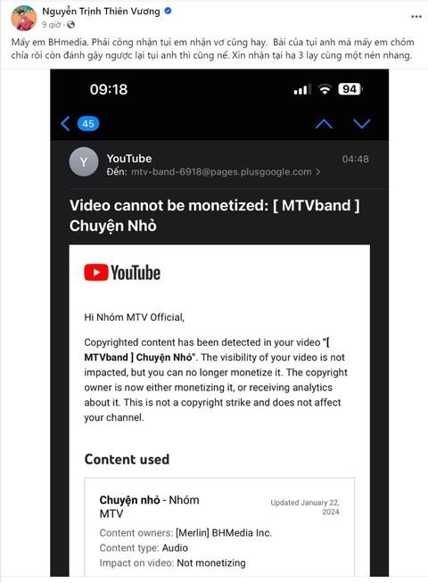 Bài đăng của ca sĩ Thiên Vương nhóm MTV ngày 23-1 - Ảnh chụp màn hình Bài đăng của ca sĩ Thiên Vương nhóm MTV ngày 23-1 - Ảnh chụp màn hình