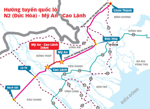 Dự án cao tốc Mỹ An - Cao Lãnh dài 26,6km, tổng mức đầu tư hơn 6.120 tỉ đồng- Ảnh 1. Vị trí cao tốc Mỹ An - Cao Lãnh trong tuyến đường nối miền Đông với miền Tây mà không phải đi qua TP.HCM - Nguồn: Ban quản lý dự án Mỹ Thuận