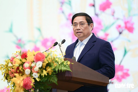 Thủ tướng: Con tàu Việt Nam đã vượt qua sóng cả, vững tay chèo trong năm 2023- Ảnh 1. Thủ tướng Phạm Minh Chính phát biểu tại tiệc chiêu đãi các nhà ngoại giao, đại diện tổ chức quốc tế nhân dịp Tết Nguyên đán 2024 - Ảnh: NAM TRẦN