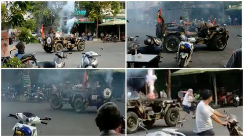 Bắt người lái ô tô, đốt pháo hoa rồi múa côn, gây rối trật tự công cộng- Ảnh 1. Hiệu lái ô tô rồi đốt pháo chạy vòng vòng gây mất an ninh trật tự tại trung tâm TP Rạch Giá - Ảnh: VĂN VŨ