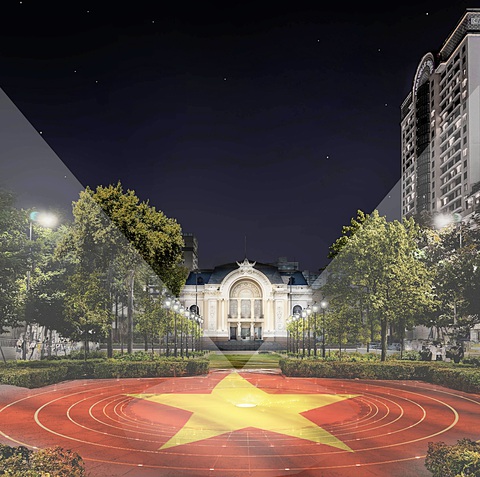 Phối cảnh biểu tượng sóng nước được trình chiếu công nghệ 3D mapping về đêm của tác giả đoạt giải nhất Bùi Minh Châu - Ảnh: NVCC Phối cảnh biểu tượng sóng nước được trình chiếu công nghệ 3D mapping về đêm của tác giả đoạt giải nhất Bùi Minh Châu - Ảnh: NVCC