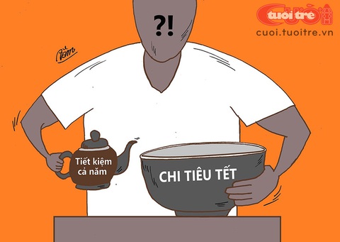 Tiết kiệm cả năm cho cái Tết hoành tráng- Ảnh 1. Tiết kiệm cả năm cho cái Tết hoành tráng - Tranh biếm họa của Bùi Thanh Tâm