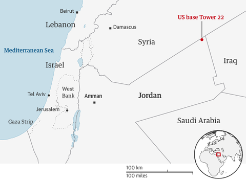 Bản đồ vị trí tiền đồn quân sự có lính Mỹ bị tấn công ở biên giới Jordan, Syria và Iraq - Ảnh: THE GUARDIAN Bản đồ vị trí tiền đồn quân sự có lính Mỹ bị tấn công ở biên giới Jordan, Syria và Iraq - Ảnh: THE GUARDIAN