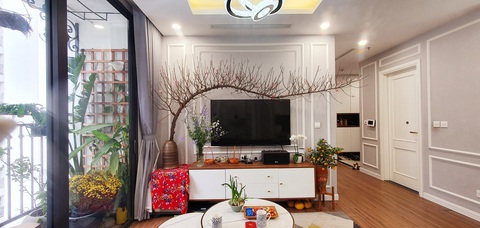 Bài trí góc Tết đơn giản, ấn tượng cho nhà- Ảnh 1. Phòng khách nhỏ trong căn hộ hiện đại ấm áp không khí ngày Tết - Ảnh: H.TR.