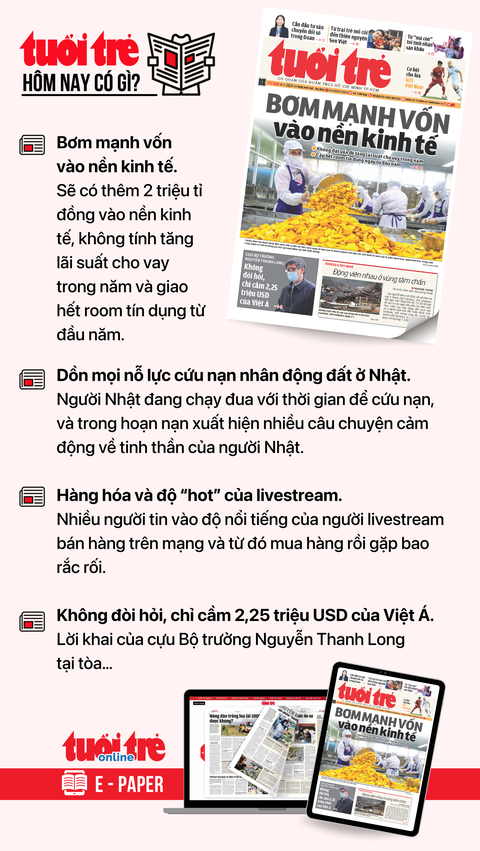 Tin tức chính trên Tuổi Trẻ nhật báo hôm nay 4-1. Để đọc Tuổi Trẻ báo in phiên bản E-paper, mời bạn đăng ký Tuổi Trẻ Sao TẠI ĐÂY Tin tức chính trên Tuổi Trẻ nhật báo hôm nay 4-1. Để đọc Tuổi Trẻ báo in phiên bản E-paper, mời bạn đăng ký Tuổi Trẻ Sao TẠI ĐÂY