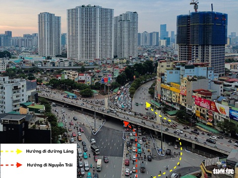 Giao thông ở Ngã Tư Sở, Hà Nội ra sao sau hơn 1 tuần phân luồng theo phương án mới?- Ảnh 2. Hướng phân luồng xe cộ mới từ Trường Chinh đi Nguyễn Trãi và đường Láng - Ảnh: HỒNG QUANG
