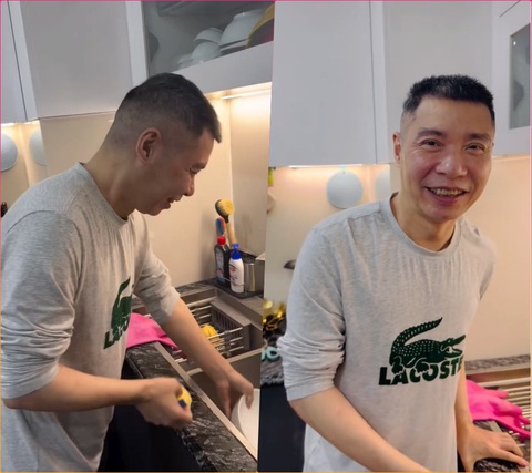 'Cô Đẩu' Công Lý làm điều đặc biệt cho vợ mừng kỷ niệm ngày cưới- Ảnh 1. Công Lý hạnh phúc rửa bát giúp vợ trong ngày kỷ niệm kết hôn