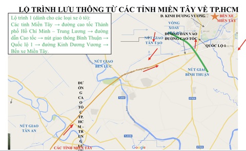 Người dân từ TP.HCM về các tỉnh theo lộ trình hướng dẫn để đỡ kẹt xe dịp Tết- Ảnh 7. Lộ trình gợi ý từ các tỉnh miền Tây về TP.HCM - Nguồn: Sở Giao thông vận tải TP.HCM