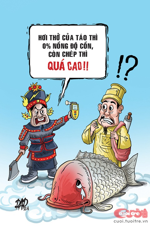 Không uống giọt nào, ông Táo vẫn bị phạt nồng độ cồn- Ảnh 1. Thiên Lôi phạt Táo Quân vì vi phạm nồng độ cồn - Biếm họa của DAD