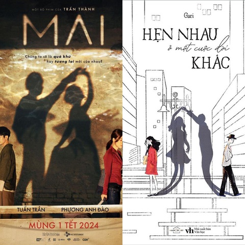 Poster phim Mai (bìa trái) và bìa sách Hẹn nhau ở một cuộc đời khác có nhiều điểm tương đồng - Ảnh: BTC Poster phim Mai (bên trái) và bìa sách Hẹn nhau ở một cuộc đời khác có nhiều điểm tương đồng - Ảnh: BTC