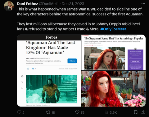 Bị ghét mọi mặt trận nhưng vẫn có khán giả xem Aquaman 2 chỉ vì Amber Heard- Ảnh 2. Một người dùng X cho rằng Amber Heard chính là yếu tố quyết định thành công của Aquaman 1, đồng thời khẳng định Aquaman 2 thất bại về doanh thu là do hãng này từ chối đứng về phía cô trong phiên tòa với Johnny Depp - Ảnh: X