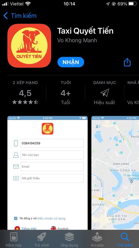 Mở ứng dụng Taxi Quyết Tiến, tài xế đến ngay- Ảnh 2. Giao diện của ứng dụng taxi Quyết Tiến có trên hệ điều hành iOS và android - Ảnh: Chụp màn hình