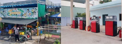 Loay hoay xử lý giấy phép sai của huyện Bình Chánh, thiệt hại tiền tỉ- Ảnh 1. Cửa hàng xăng dầu của ông Trần Cao Nam xây dựng hoàn chỉnh (bên phải ảnh) rồi bỏ phế gần 10 năm. Hiện ông Nam cho người quen làm nơi tổ chức trò chơi trẻ em để trông giữ mặt bằng (bên trái ảnh) - Ảnh: ÁI NHÂN