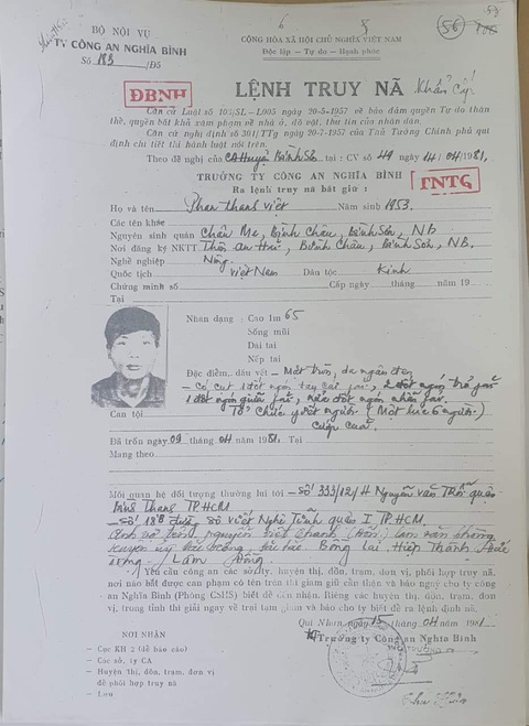 Giết 6 người, trốn truy nã 43 năm: Còn hay hết thời hiệu truy cứu trách nhiệm hình sự?- Ảnh 2. Lệnh truy nã bị can Phan Thanh Việt được Công an tỉnh Nghĩa Bình ban hành ngày 14-4-1981 - Ảnh: Công an Quảng Ngãi