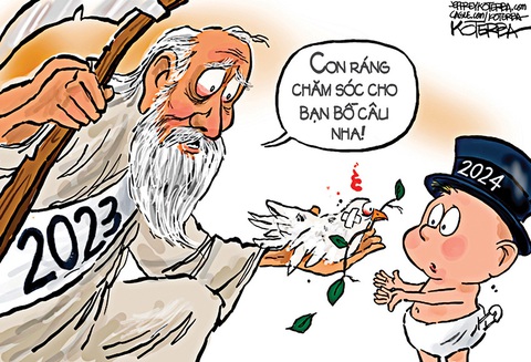 Chào 2024 với… 'Nguyện ước bồ câu'- Ảnh 1. Cụ 2023 bàn giao gánh nặng cho Nhóc 2024 - tranh của họa sĩ Hoa Kỳ Jeff Koterba.