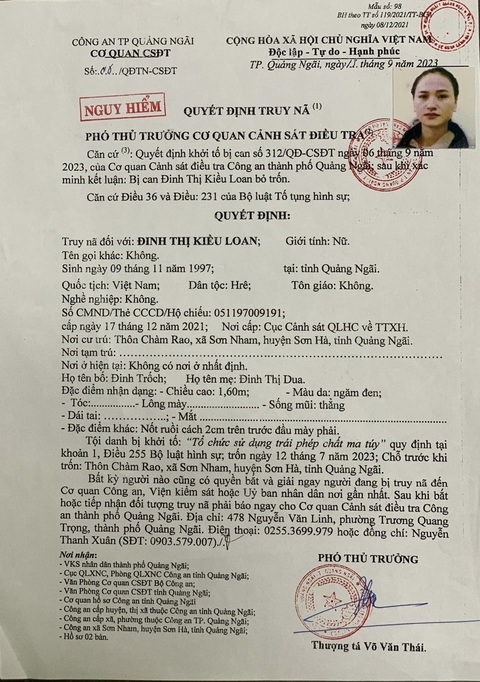Qua tận Myanmar trốn truy nã, Công an Quảng Ngãi vẫn theo dõi bắt được- Ảnh 1. Sau khi tổ chức sử dụng ma túy trái phép, Loan bị khởi tố đã qua tận Myanmar trốn lệnh truy nã - Ảnh: Công an Quảng Ngãi